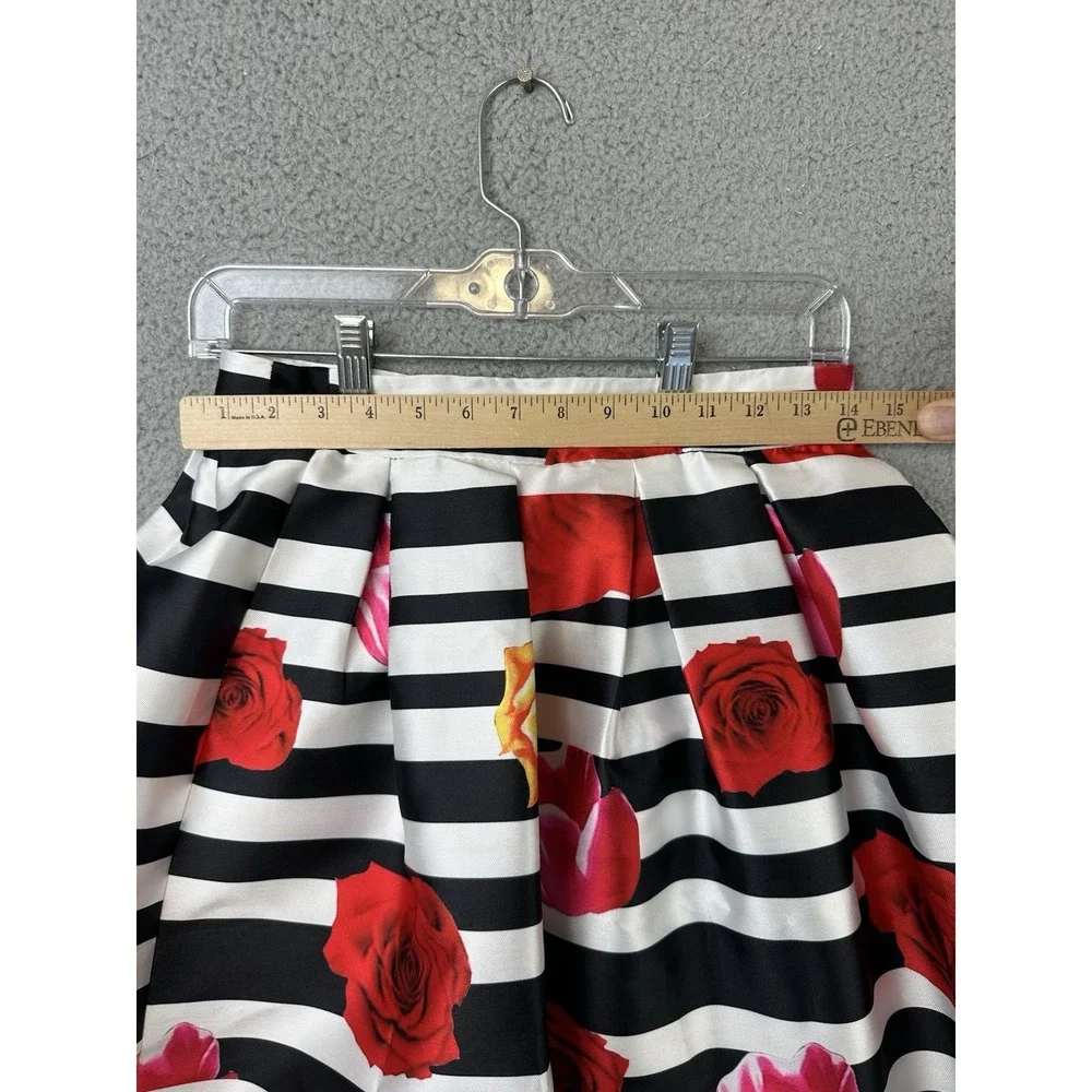 Rockabilly Black White Striped Floral Midi Skirt 50s Pleated Cabbage Rose Small